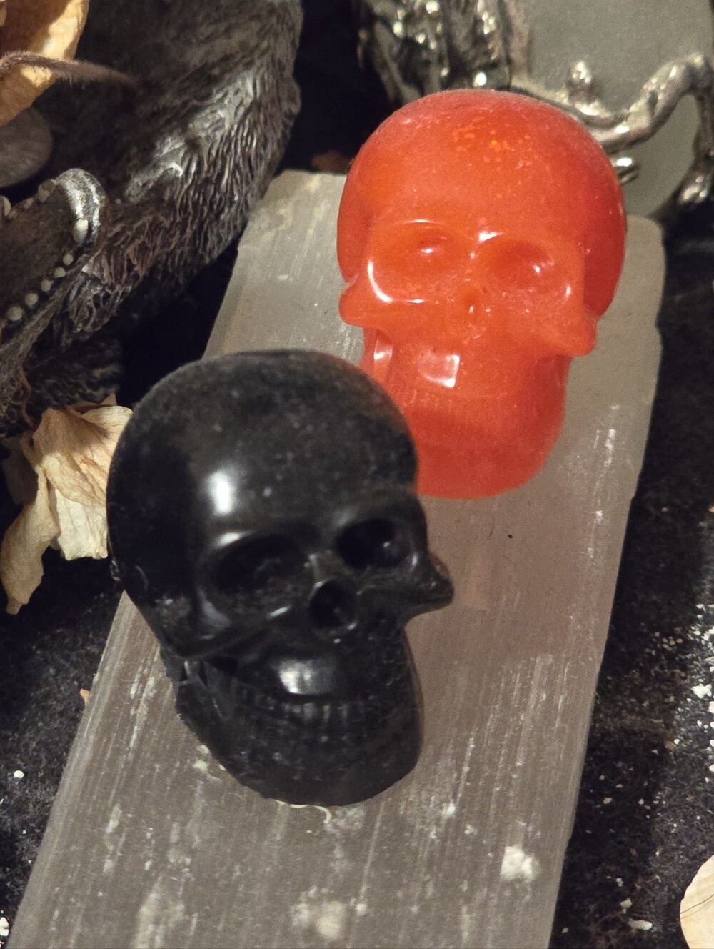 Decorative Black and Orange Resin Skull Set - Home Accents